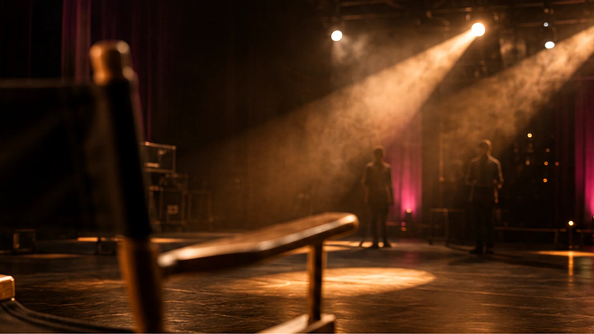 Set cinematografico con luci di scena, atmosfera calda e professionale