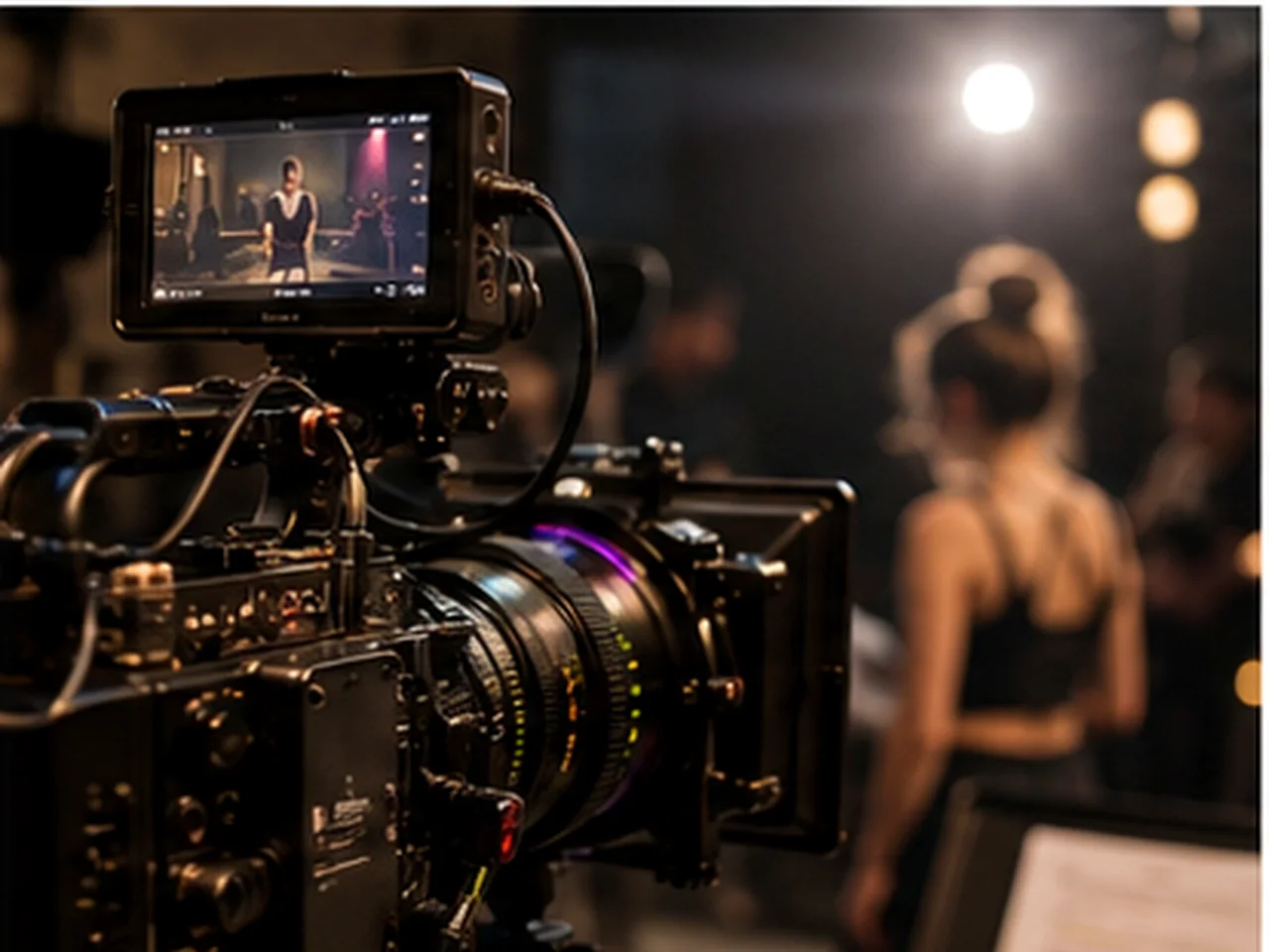 Set cinematografico con macchina da presa e copione, luce da set professionale